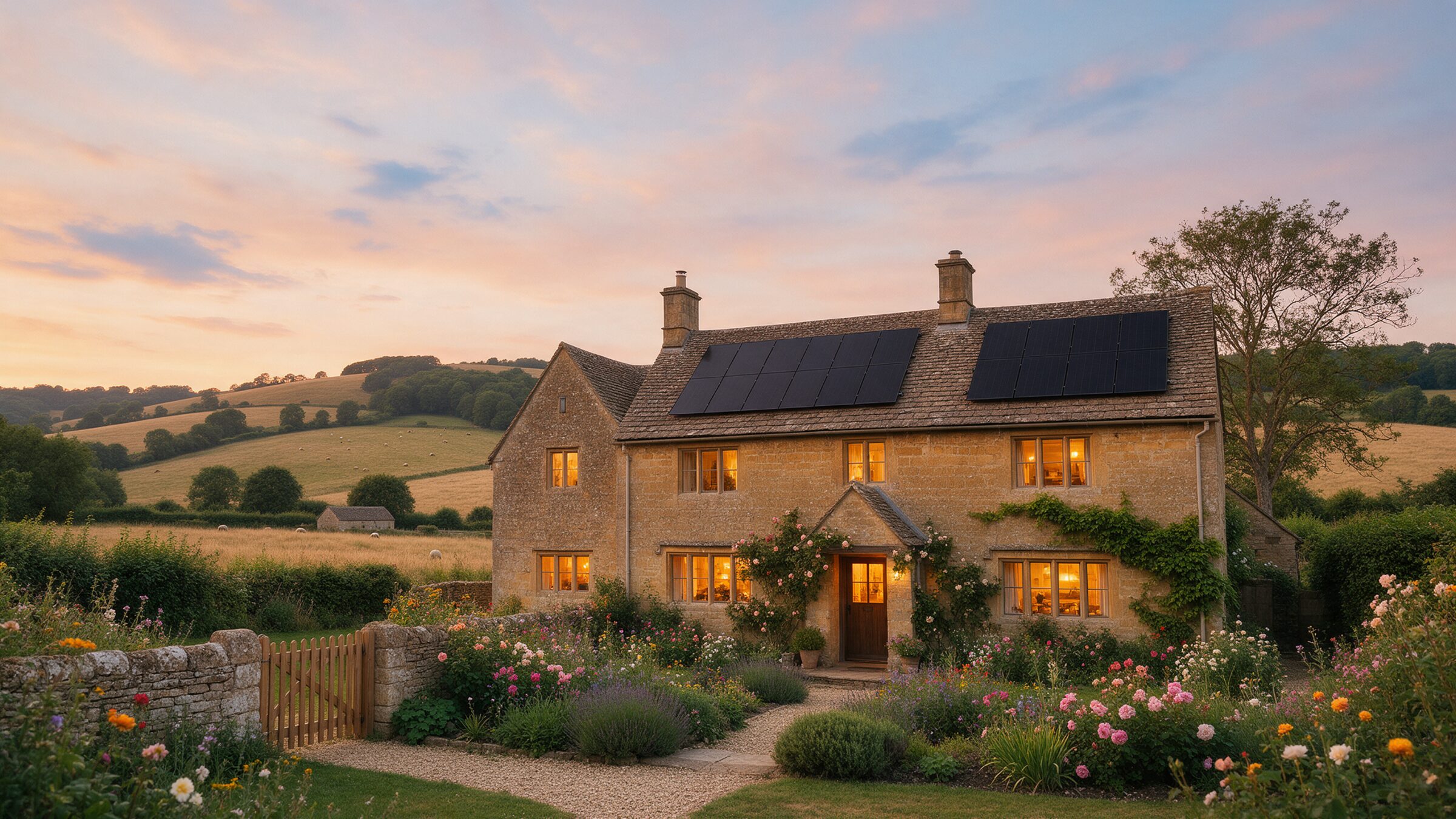 Stone house at dusk with black solar panels on the roof