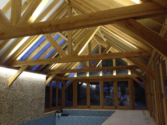 Oak frame barn with LED feature lighting installed by Ian Ridler Electrical